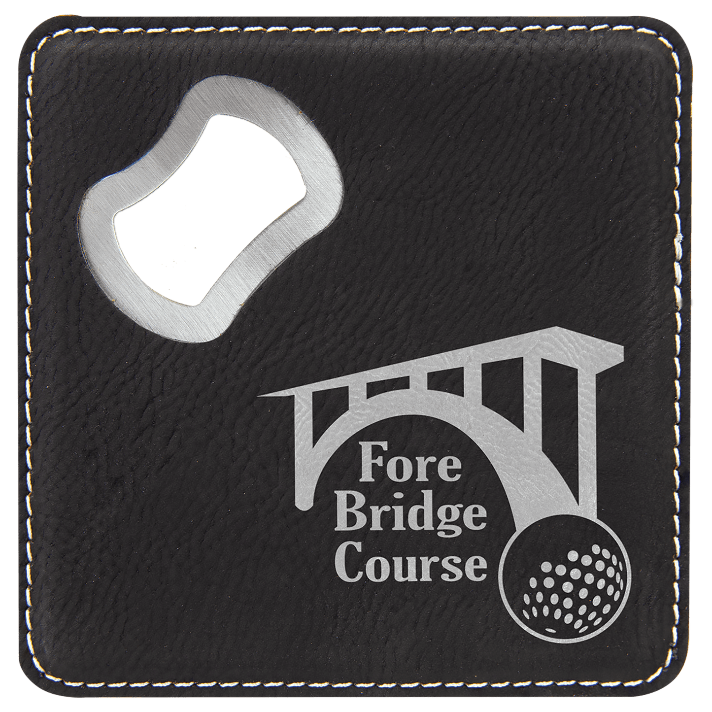 Square Leatherette Bottle Opener Coaster - Black with Silver - Personalized